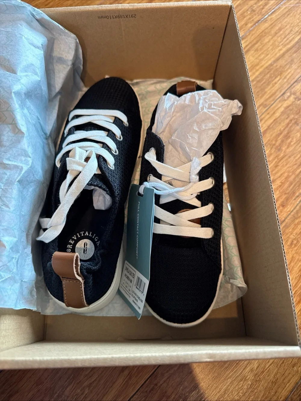 REVITALIGN Black Knit Lace-Up Sneakers with White Laces and Brown Heel Tab